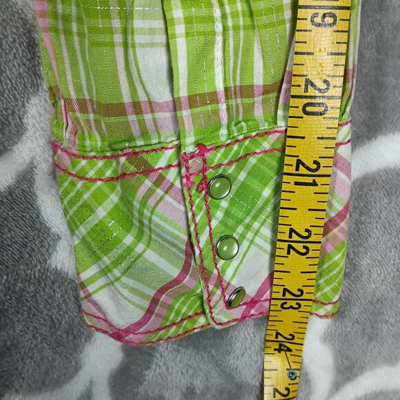 Ariat Shirt Womens Large Green Pink Plaid Fitted Western Pearl Snap Embroidered - Picture 11 of 14